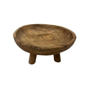 Hand Carved Teak Wood Tripod Bowl Round Footed Decorative Centerpiece Indonesia